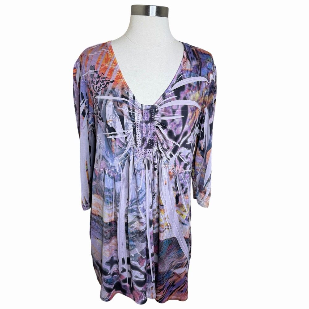 Whimsigoth Unity World Wear Womens 2X Top Abstract Butterfly Rhinestone Y2K